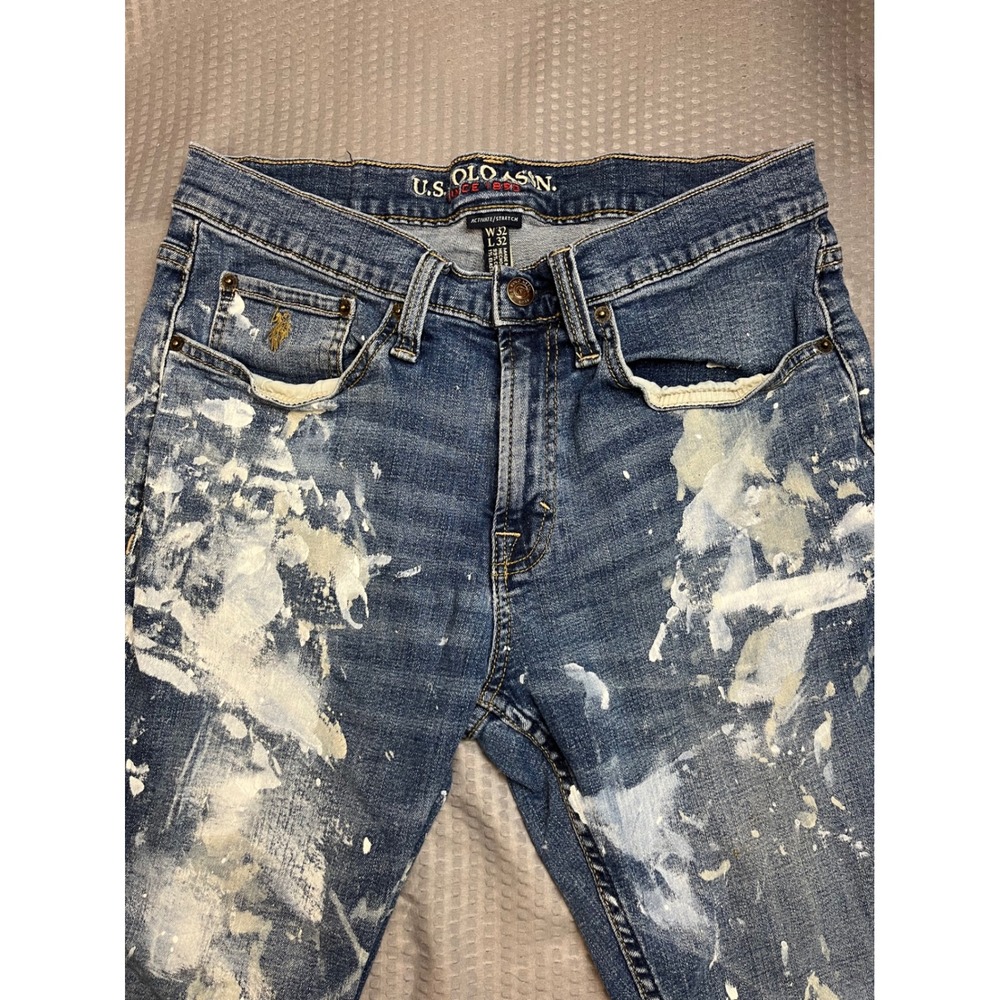 U.S. Polo Assn. Mens Jeans W32 L32 Slim Fit Activate Stretch Blue White Paint